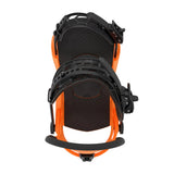 Orange and black snowboard binding on a light gray background