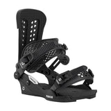 Black snowboard binding on a white background