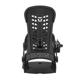 Black snowboard binding with 'Union' branding on a white background