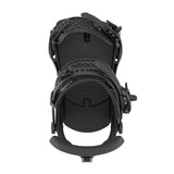 Black snowboard bindings on a white background