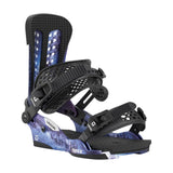 Blue and black snowboard binding on a white background