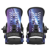 Pair of Union snowboard bindings with a galaxy design on a white background