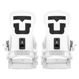 A pair of white snowboard bindings with black logo details and the brand name 'UNION' printed on the front, set against a white background.