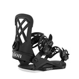 Black snowboard bindings with 'Union' and 'Rosa' branding on a white background