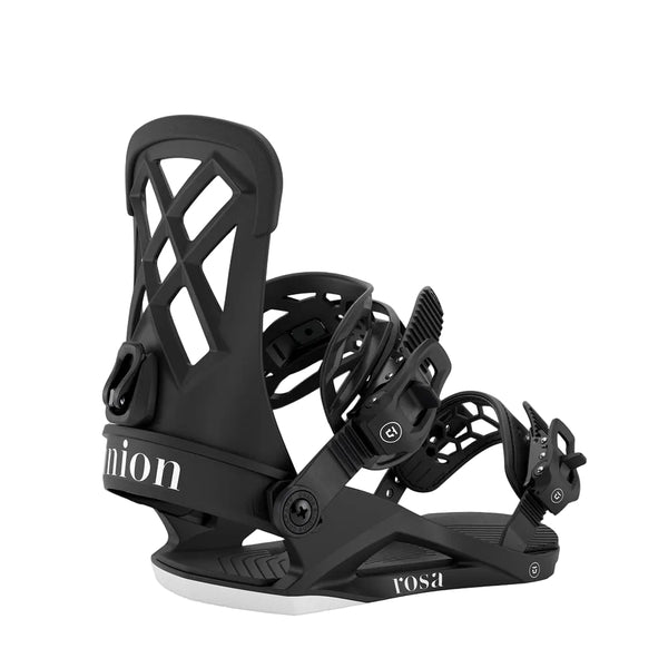 Black snowboard bindings with 'Union' and 'Rosa' branding on a white background