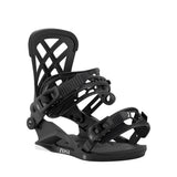 Black snowboard binding on a white background
