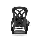 Black snowboard binding with 'union' branding on a white background