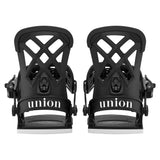 A pair of black snowboard bindings with white 'union' branding on the straps, shown against a light gray background.