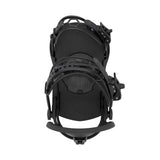 Black snowboard bindings on a white background