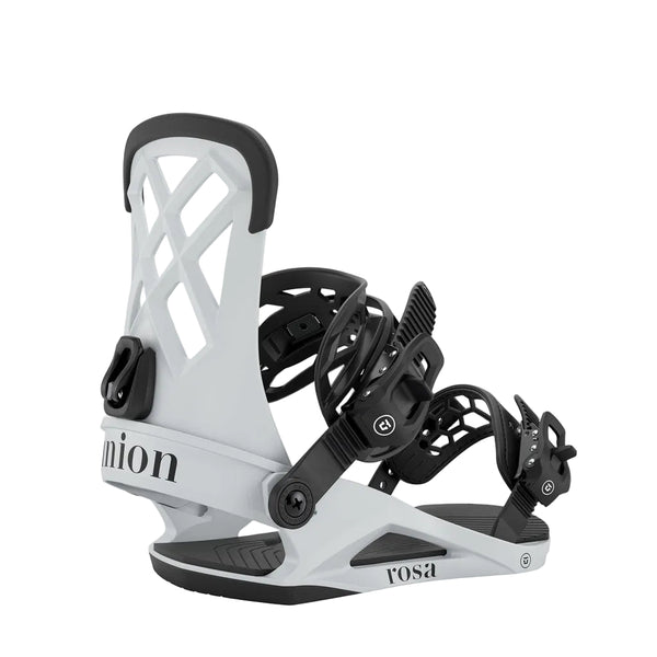 A single snowboard binding shown in profile against a light gray background. The binding features a light grey plastic base with black accents, including the straps, footplate, and backrest padding.