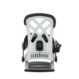Light grey snowboard binding with black straps on a light gray background