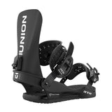 Black UNION snowboard bindings with white branding, shown from a three-quarters angle on a white background.