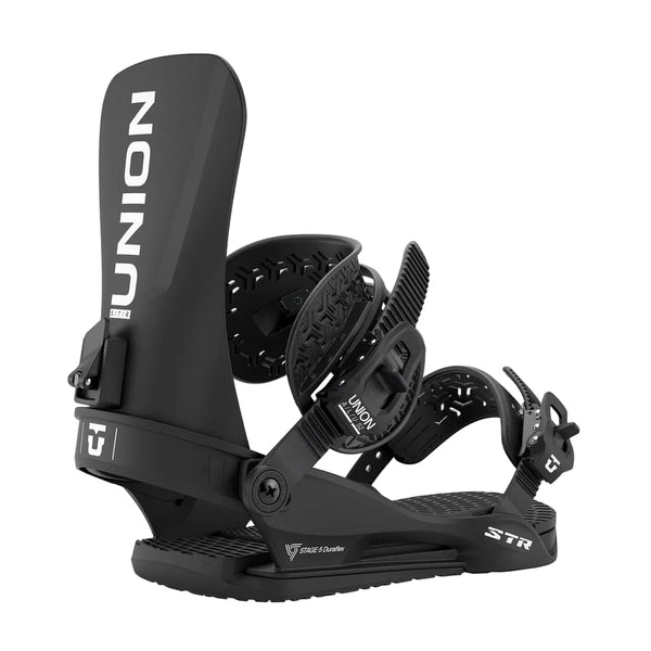 Black UNION snowboard bindings with white branding, shown from a three-quarters angle on a white background.