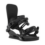 Black snowboard binding on a white background