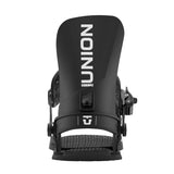 Black snowboard binding with 'Union' branding on a white background