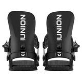 A pair of black snowboard bindings with white 'UNION' branding, shown from the back against a white background.