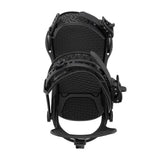 Black snowboard binding on a white background