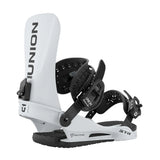 White snowboard binding with black straps on a white background