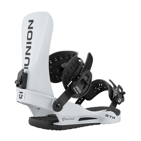 White snowboard binding with black straps on a white background