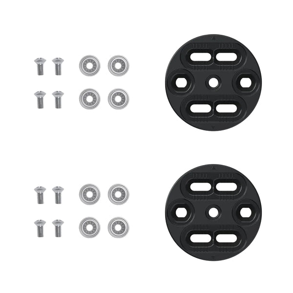 Two black circular disks with mounting holes, shown with six silver bolts and six silver washers on a light gray background.