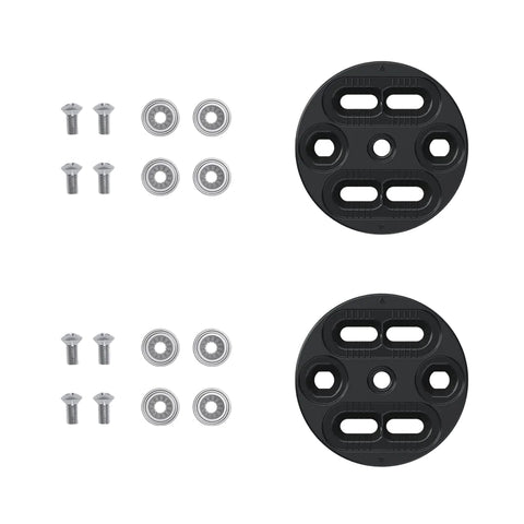 Two black circular disks with mounting holes, shown with six silver bolts and six silver washers on a light gray background.