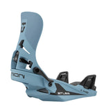 Blue snowboard binding with black accents on a white background