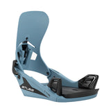 Blue snowboard binding with black accents on a white background