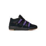 Black sneaker with purple stripes on a white background