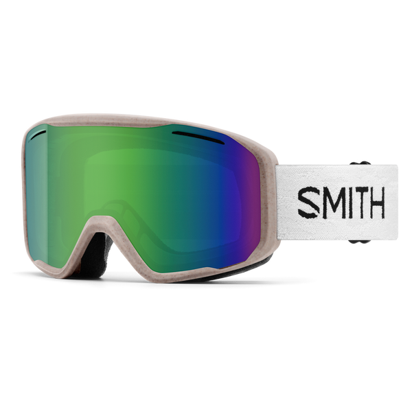 Smith ski goggles with a beige frame and a large mirrored lens showing green, blue, and purple iridescence. The white strap features the black Smith logo.