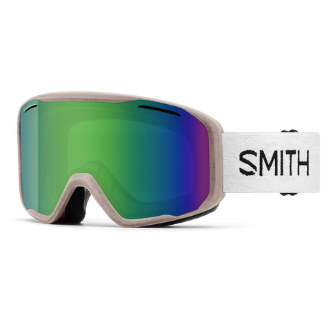 Smith ski goggles with a beige frame and a large mirrored lens showing green, blue, and purple iridescence. The white strap features the black Smith logo.