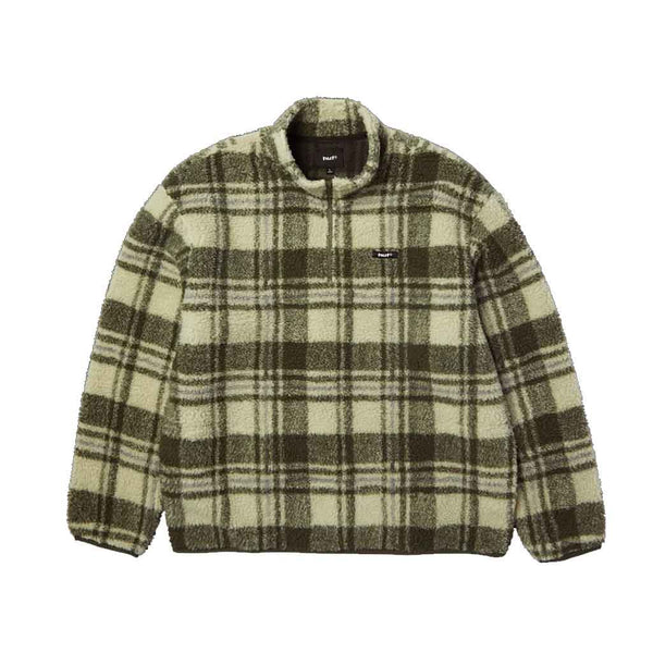 SENECA HIGH PILE QTR ZIP FLEECE - NATURAL FRONT. GREEN AND SAGE PLAID PATTERN