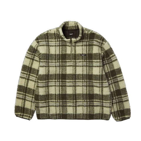 SENECA HIGH PILE QTR ZIP FLEECE - NATURAL FRONT. GREEN AND SAGE PLAID PATTERN