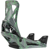 Snowboard binding with green and gray design on a white background