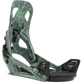 Snowboard binding with green and gray design on a white background