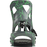 Gray and green snowboard binding on a white background