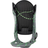 Black and gray snowboard binding with green accents on a white background