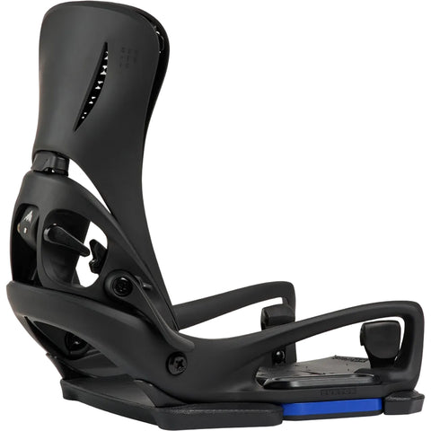 Black snowboard binding on a white background