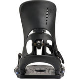 A single snowboard binding shown from the front on a plain white background. The binding is predominantly matte black with a textured gray footplate and small blue accents near the base.