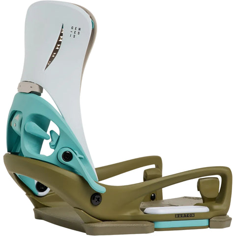 Turquoise and brown snowboard binding on a white background