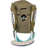 A Step 1 snowboard binding shown from the back, featuring a tan and olive green upper, white side straps, a black central dial, and a light blue and beige baseplate on a solid white background.