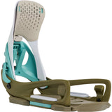 A Burton snowboard binding shown from a side profile view on a solid white background. The binding features an olive green baseplate, a white plastic shell, a light teal plastic frame, and a beige textured backrest.