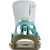 A snowboard binding shown from the front on a clean white background, featuring a white upper shell, a mint green central frame, and a tan footplate.