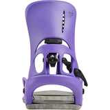 A single snowboard binding shown from the front on a plain white background. The binding has a matte purple shell with black mechanical components and a gray footplate visible at the bottom.