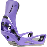 Purple snowboard binding with 'Burton' branding on a white background