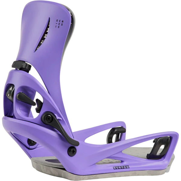 Purple snowboard binding with 'Burton' branding on a white background