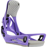 Purple snowboard binding with gray and black accents on a white background