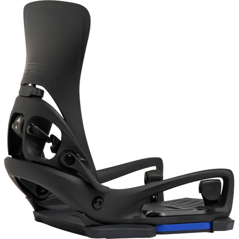 A black snowboard binding shown from a side angle on a plain white background, with a small blue accent visible near the base.