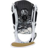 Black and white snowboard binding with a textured design on a white background
