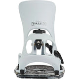 A Cartel X snowboard binding shown from the back, featuring a matte white backboard with a black Cartel X logo, black and silver adjusters, and a black-and-white patterned baseplate, set against a plain white background.