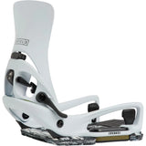 A Burton snowboard binding shown from a side angle against a solid white background. The binding features a white and light gray plastic shell with black mechanical knobs and a black-and-white marbled baseplate.
